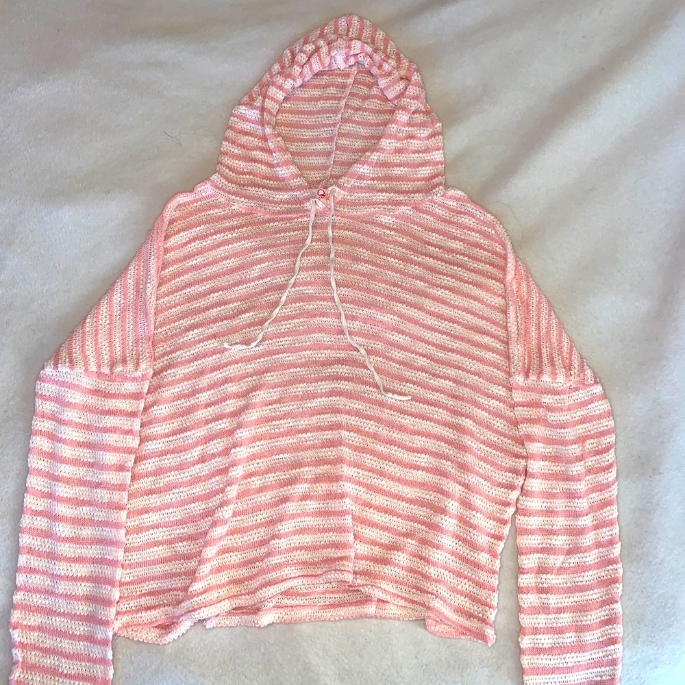 pink and white thin knitted hoodie